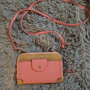 Leather pink wallet with crossbody strap